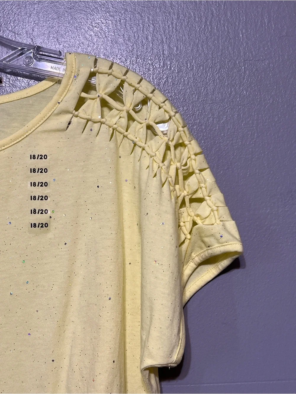 Justice Girls Yellow Glitter Sparkle Top Cutout Shoulder Cropped Tee 18/20 Y2K